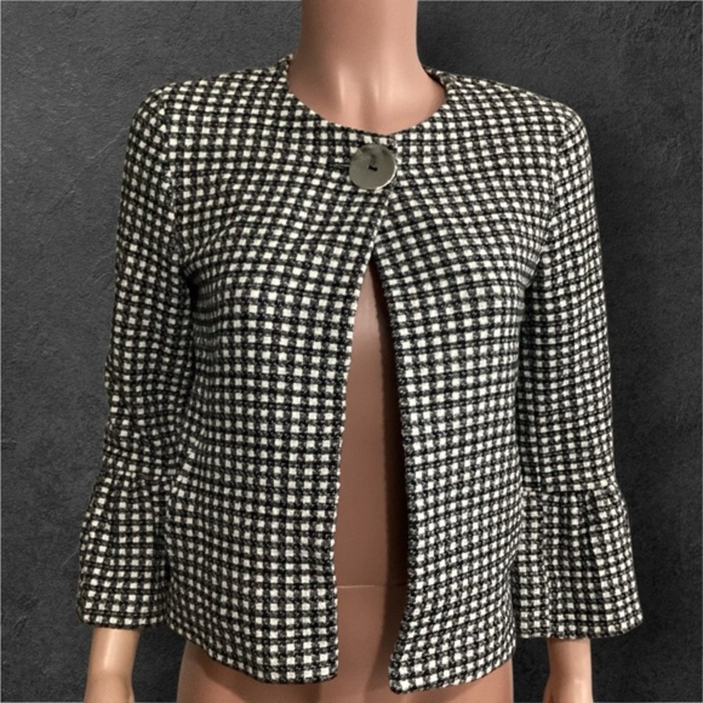 Zara NWT Tweed One Button Jacket Bell Sleeve White Black Checkered Size Small